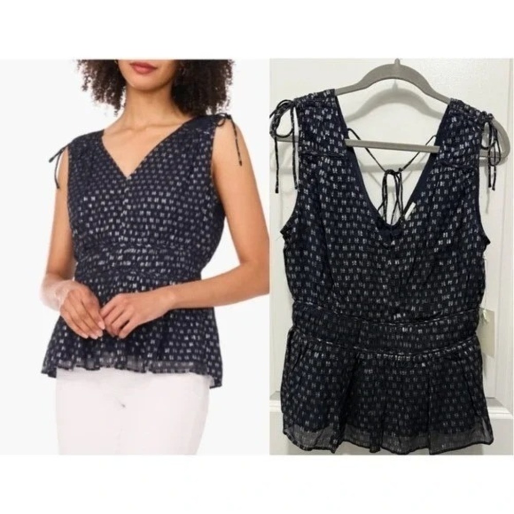 Parker Peplum Top Women XS Navy Silver Metallic‎ Tie Shoulder V-Neck NEW